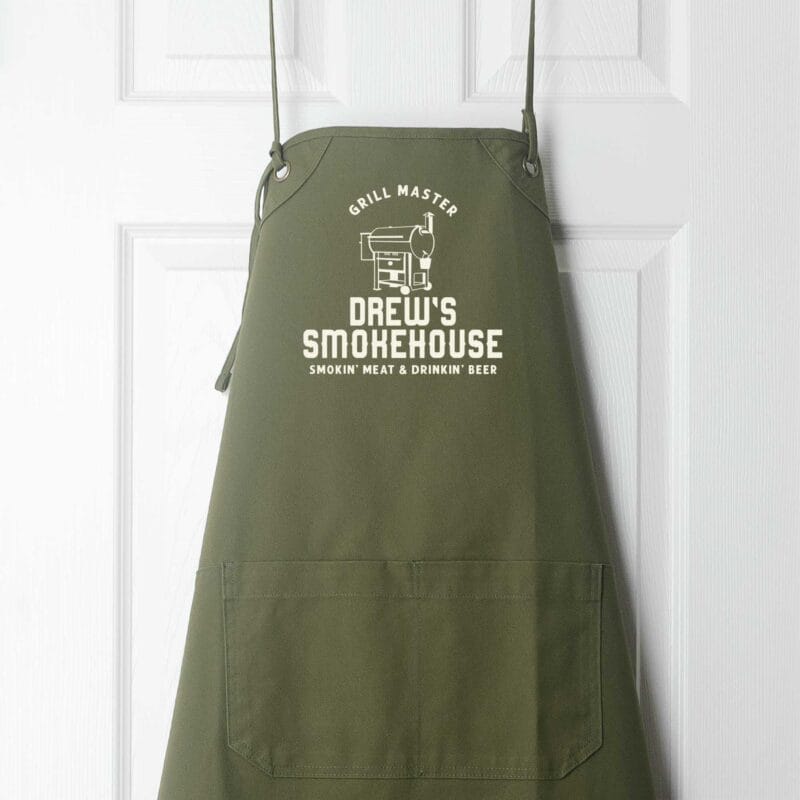 a convertible personalized smoker apron in olive