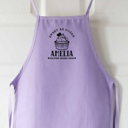 a personalized toddler cupcake baking apron in lavender
