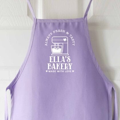 a personalized toddler mixer apron in lavender