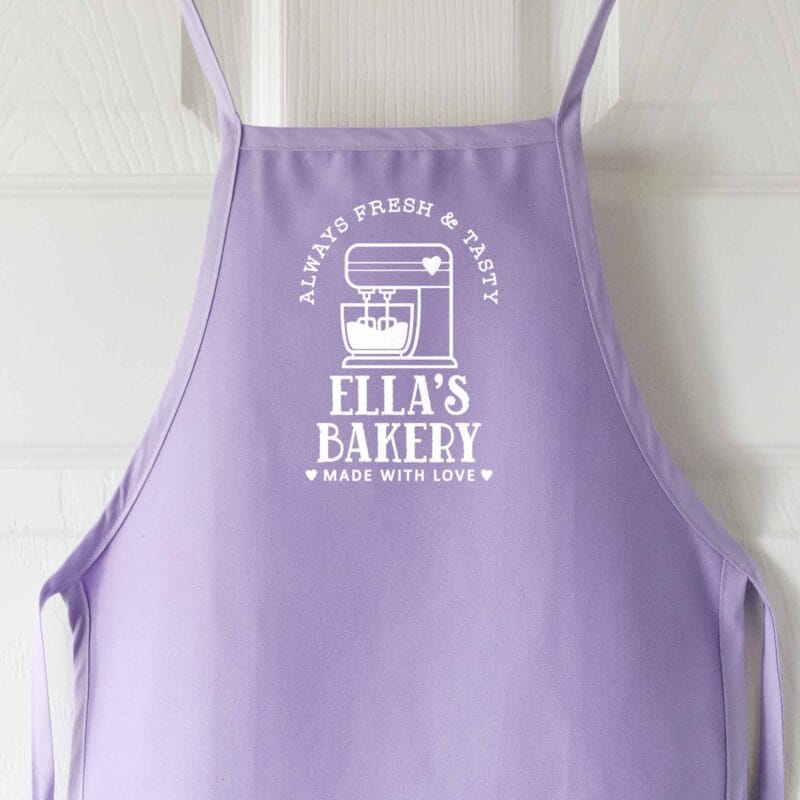 a personalized toddler mixer apron in lavender