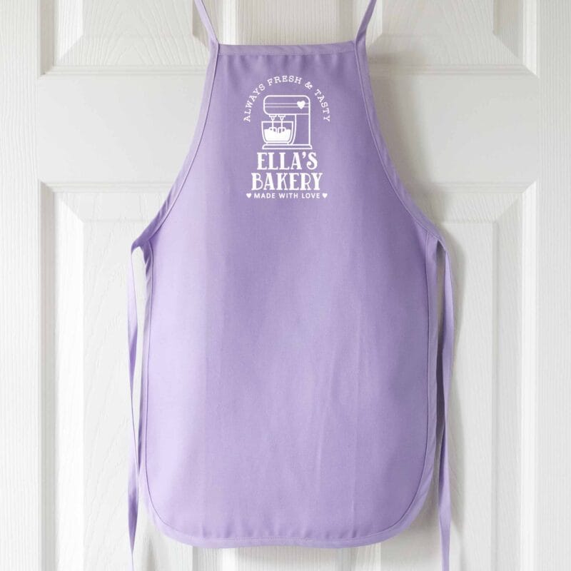 a personalized toddler mixer apron in lavender