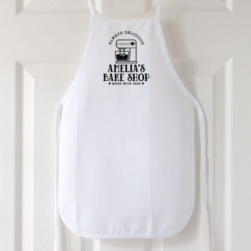 a personalized toddler mixer apron in white