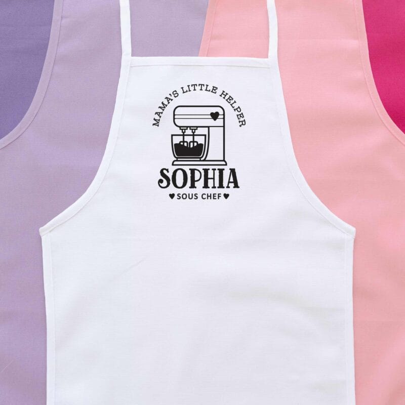 a personalized toddler mixer apron in white