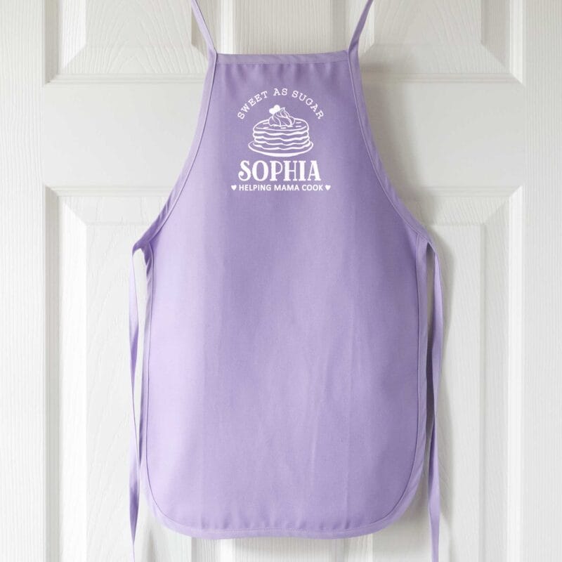 a personalized toddler pancake cooking apron in lavender
