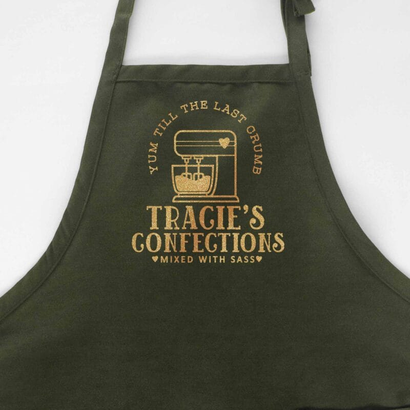 a personalized mixer apron in green