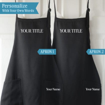 His Hers matching apron set personalization guide showing a custom title and optional pocket name for each of two aprons.