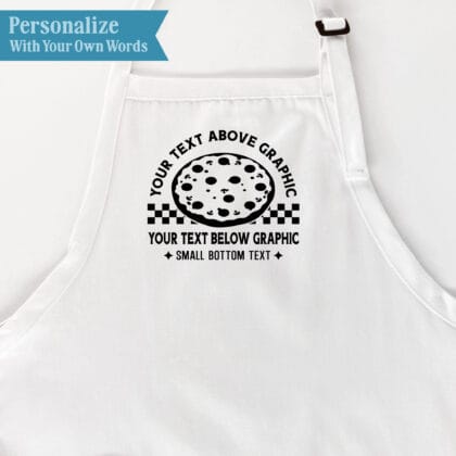 Checkered Pizza Apron personalization guide showing custom wording above the pizza and checkerboard graphic, text below the graphic, and small bottom text framed by sparkle symbols.