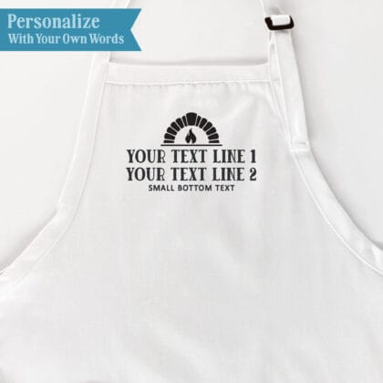 Pizza Oven Apron personalization guide showing two custom text lines and small bottom text beneath the oven and flame graphic.