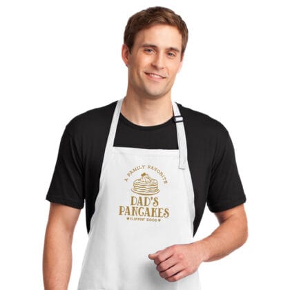 a man wearing a personalized pancake apron in white