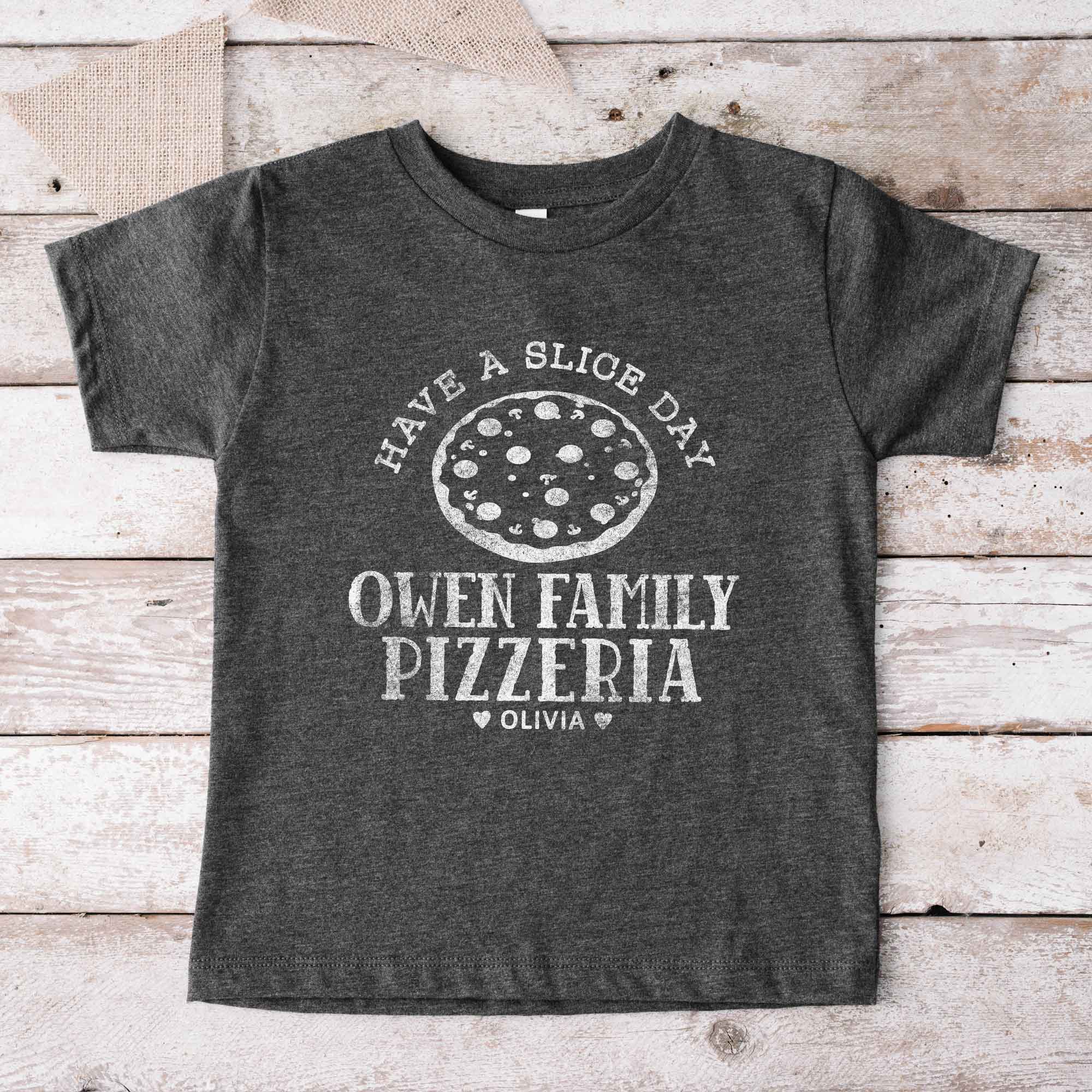 a Personalized Kids Pizza Shirt in dark grey heather