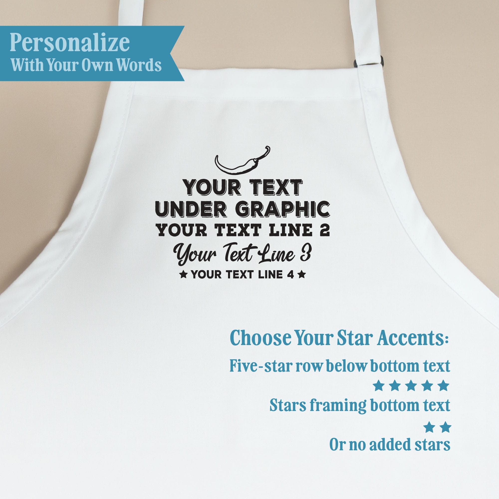 Made in USA chili apron personalization guide showing four text lines and star accents: stars framing bottom text, a five-star row below bottom text, or no added stars.