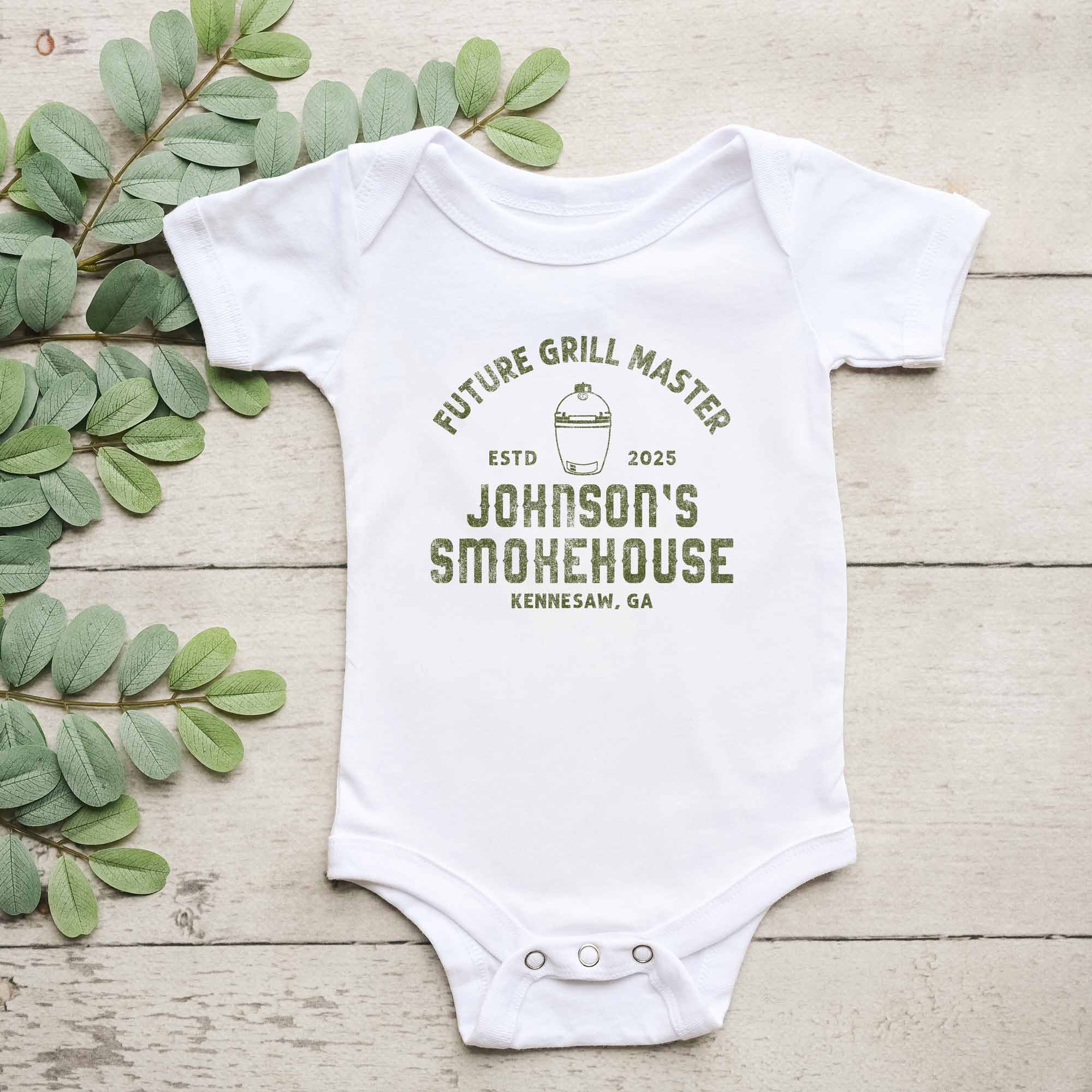 a personalized Meat Smoker Onesie in white