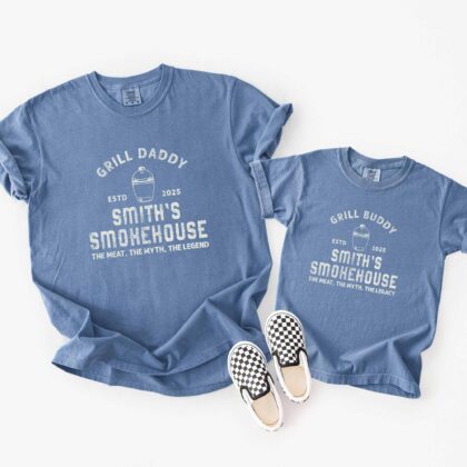 matching Personalized Grill daddy and grill buddy Meat Smoker Shirts in blue jean