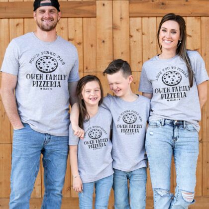 a family wearing Personalized Pizza Shirts in athletic heather