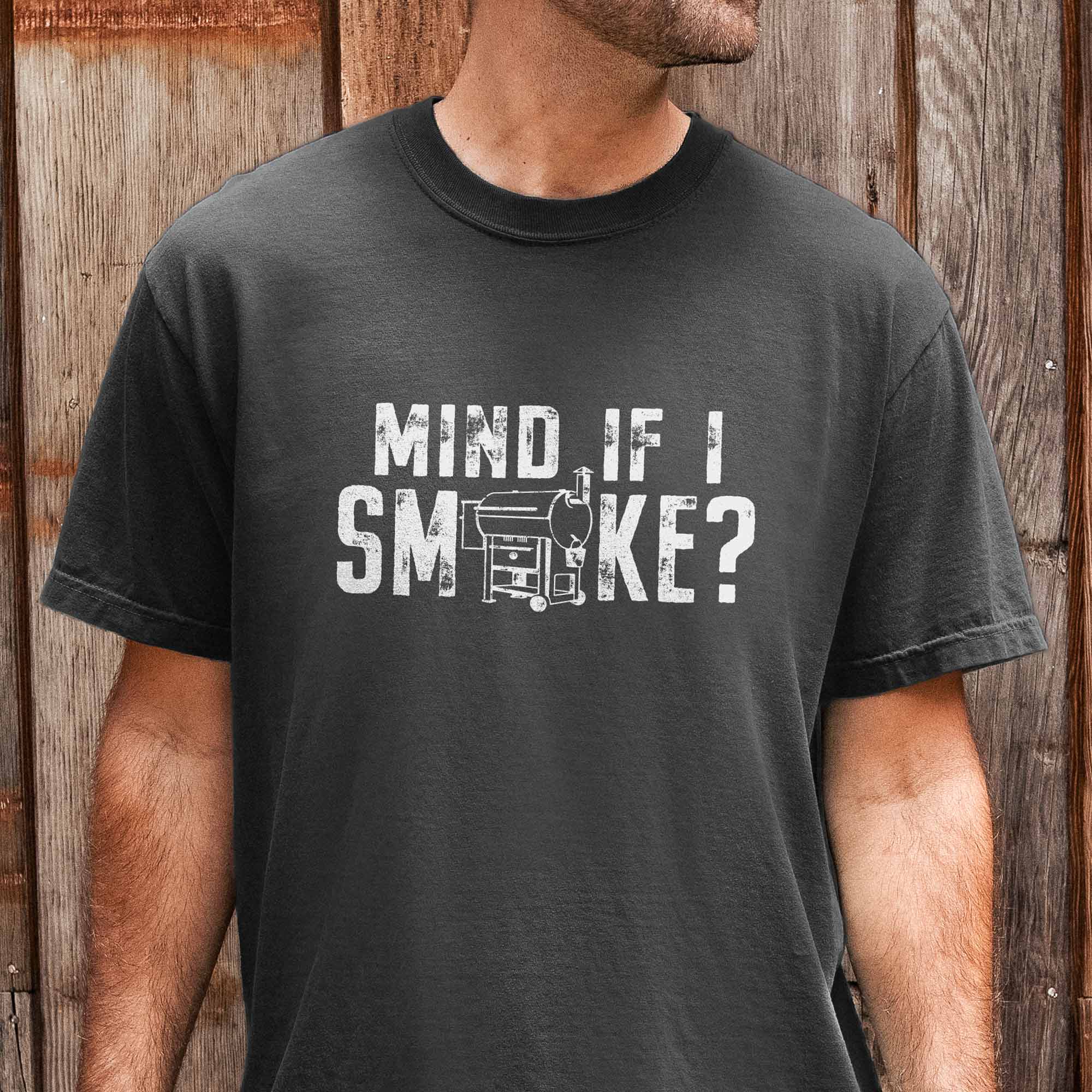 a man wearing a Mind If I Smoke Tee in pepper