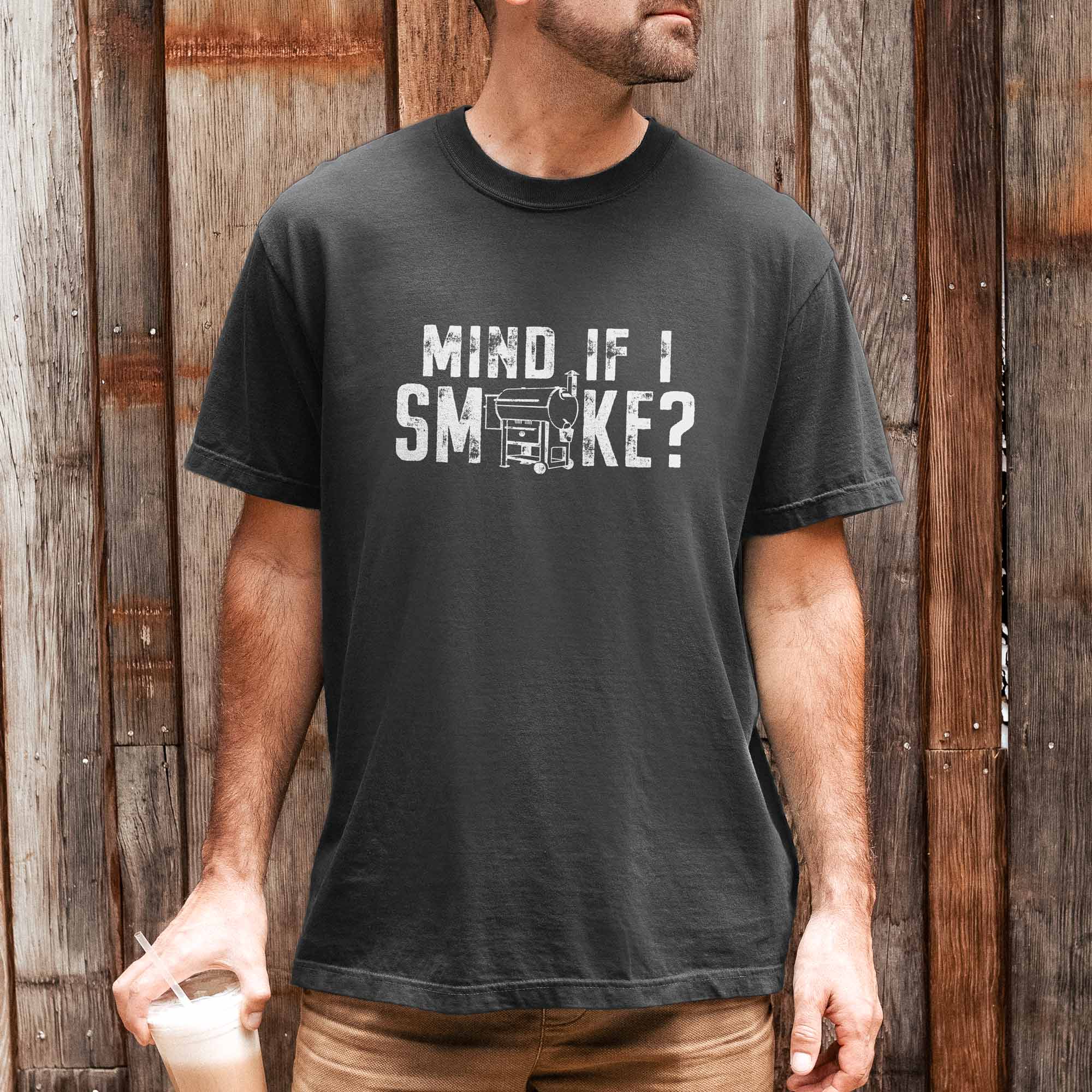 a man wearing a Mind If I Smoke Tee in pepper