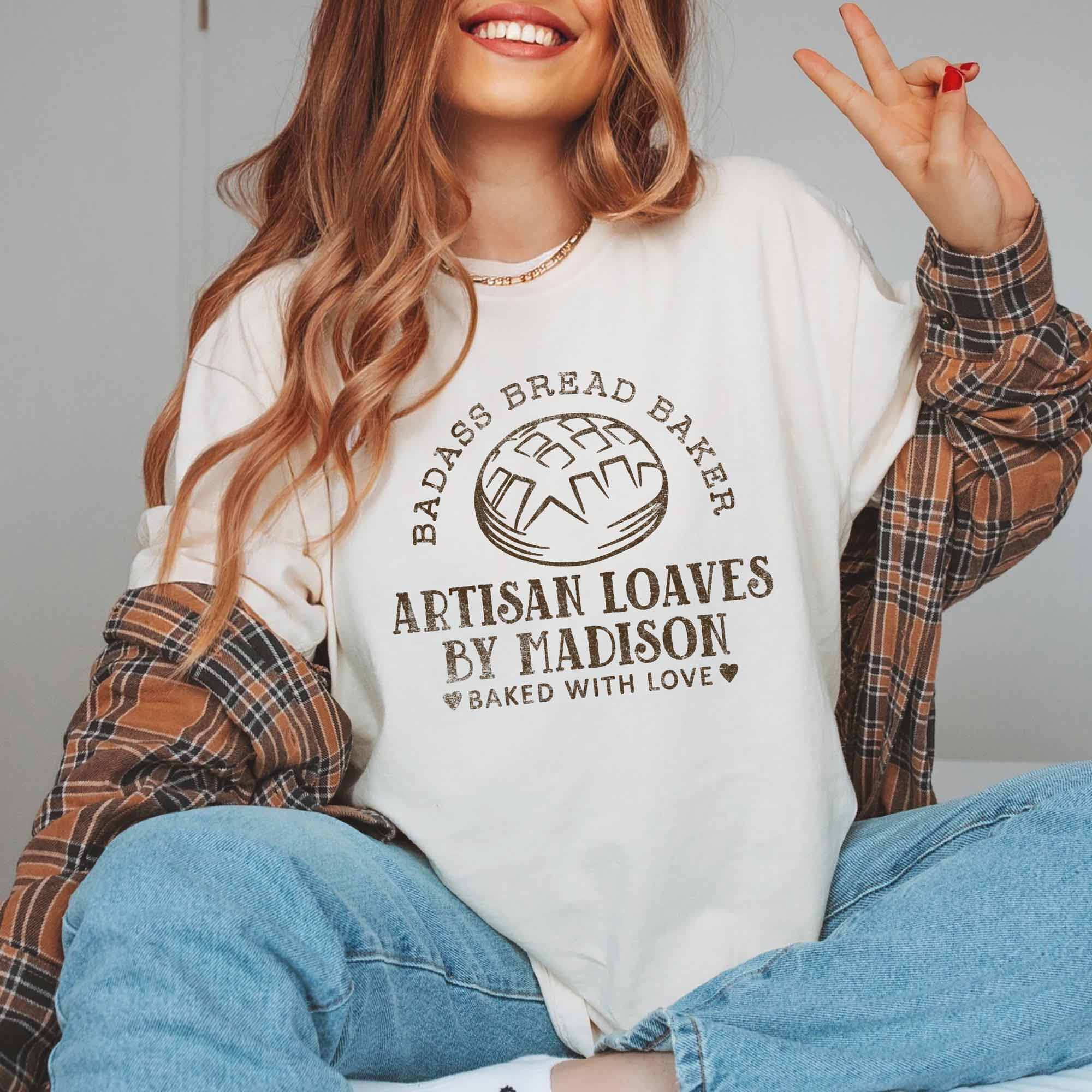 a woman wearing a Personalized Sourdough Shirt in ivory