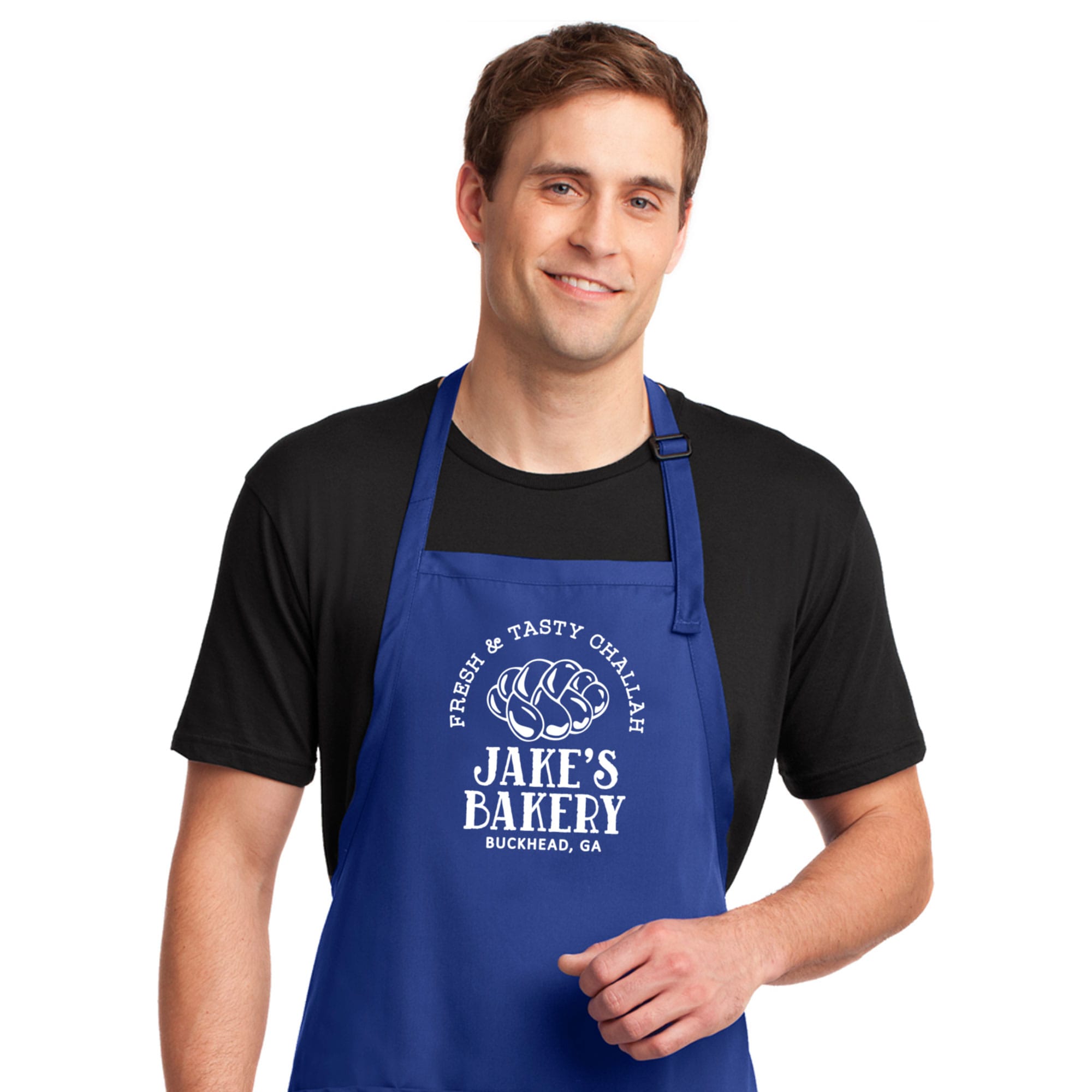 a man wearing a Personalized Challah Apron in royal