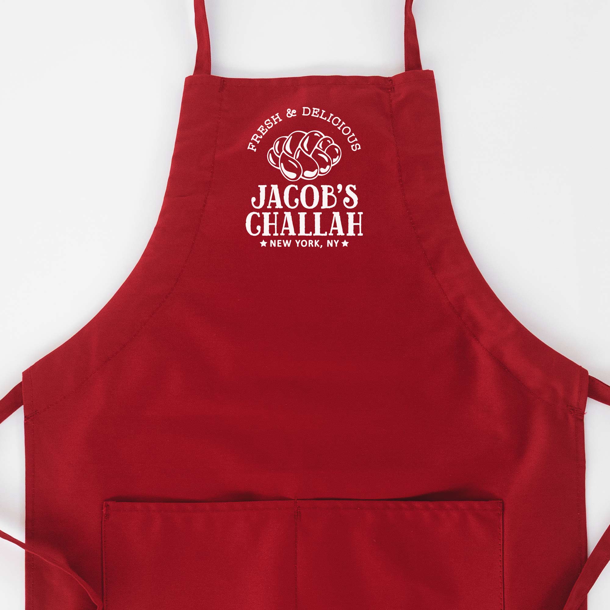 a Personalized Challah Butcher Apron in red