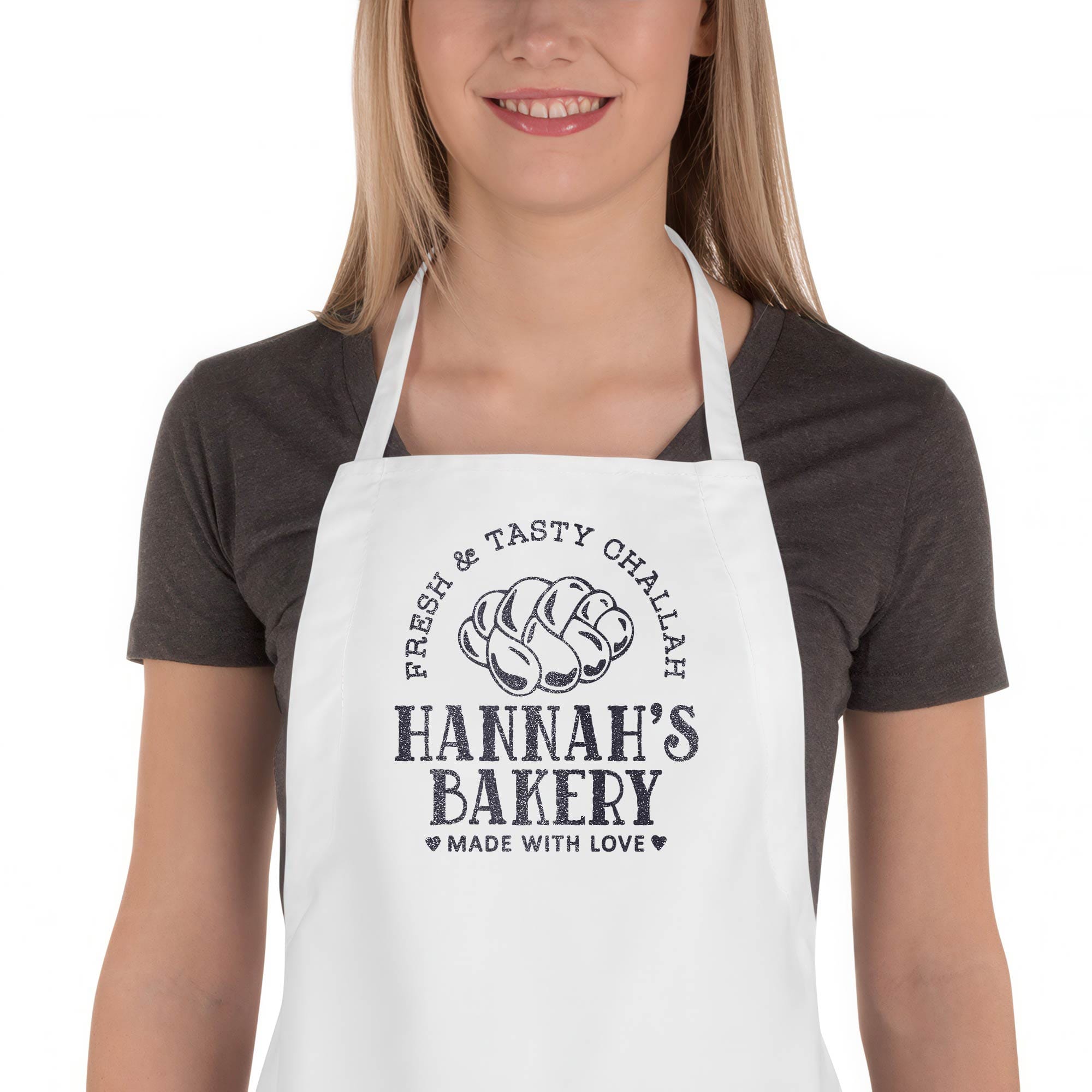 a young woman wearing a Personalized Challah Butcher Apron in white