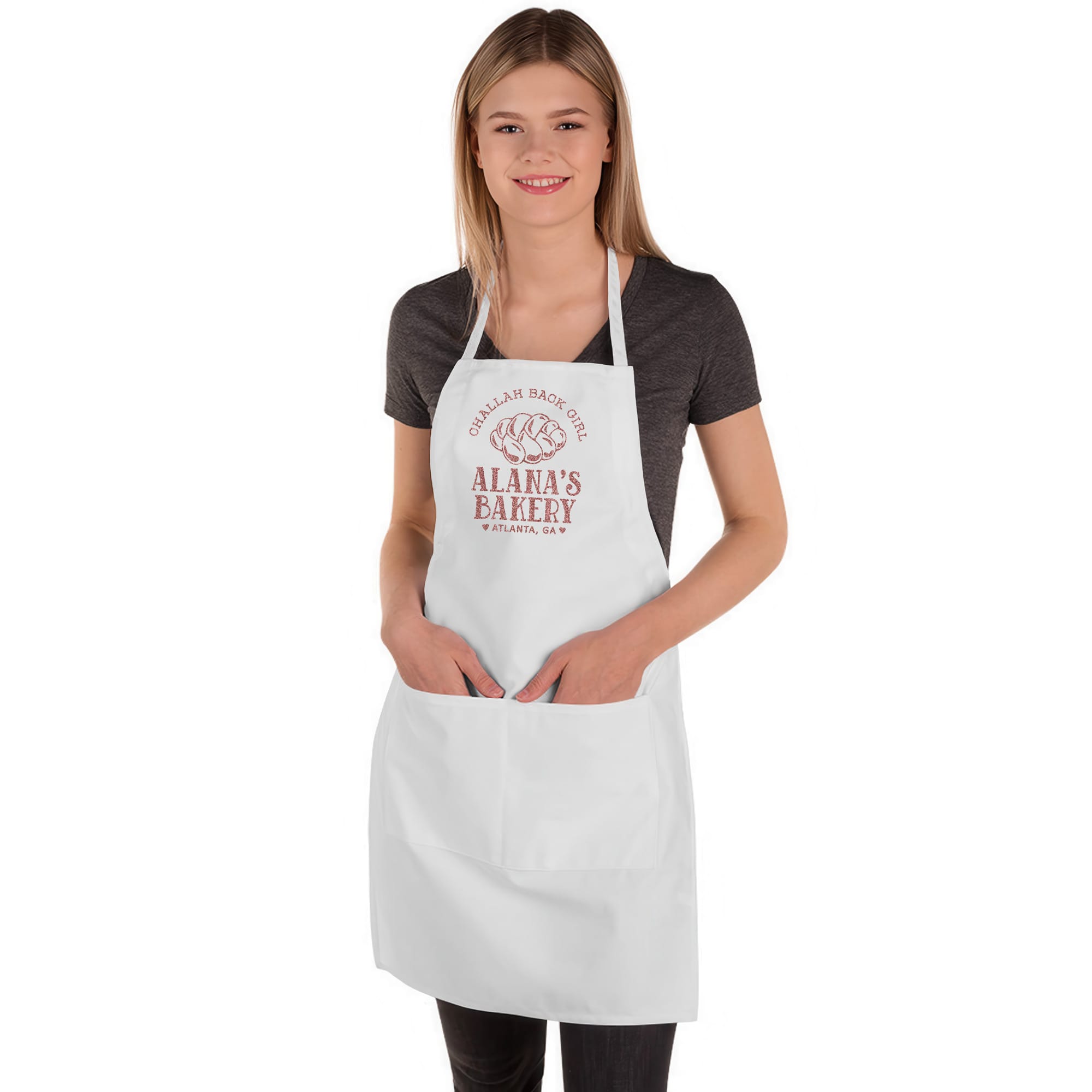 a young woman wearing a Personalized Challah Butcher Apron in white