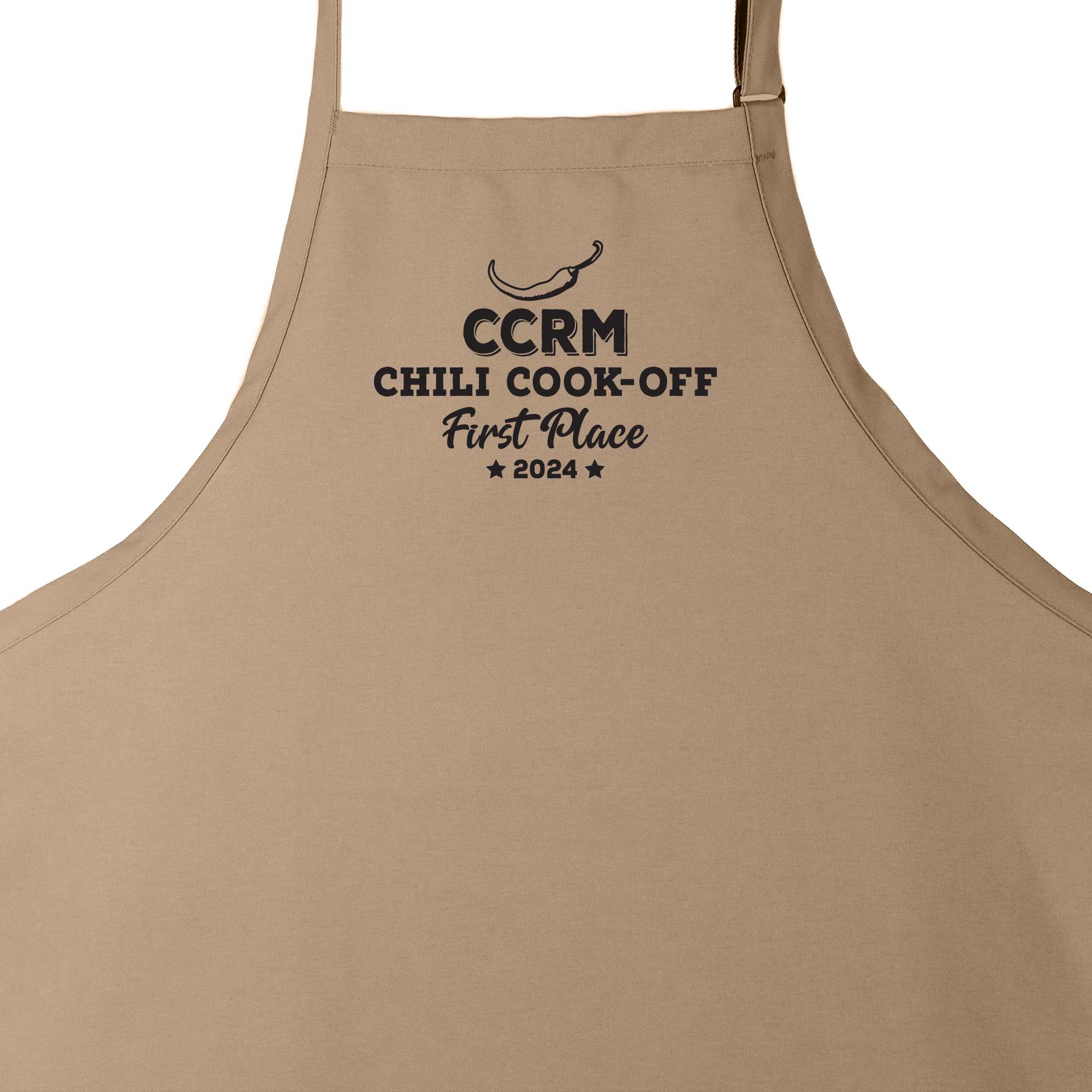 a Custom Premium Chili Cook-Off Winner Apron in khaki