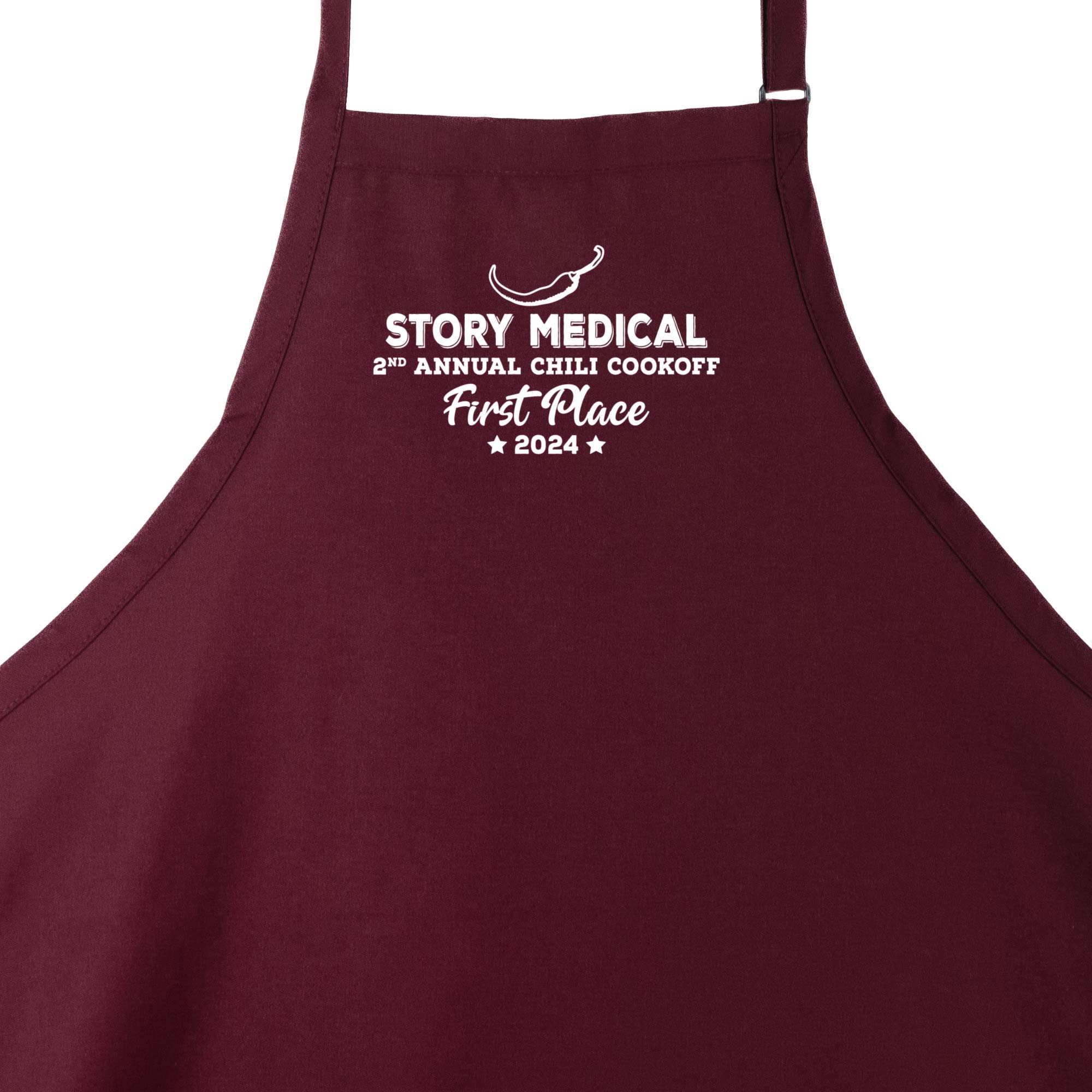 a Custom Premium Chili Cook-Off Winner Apron in maroon