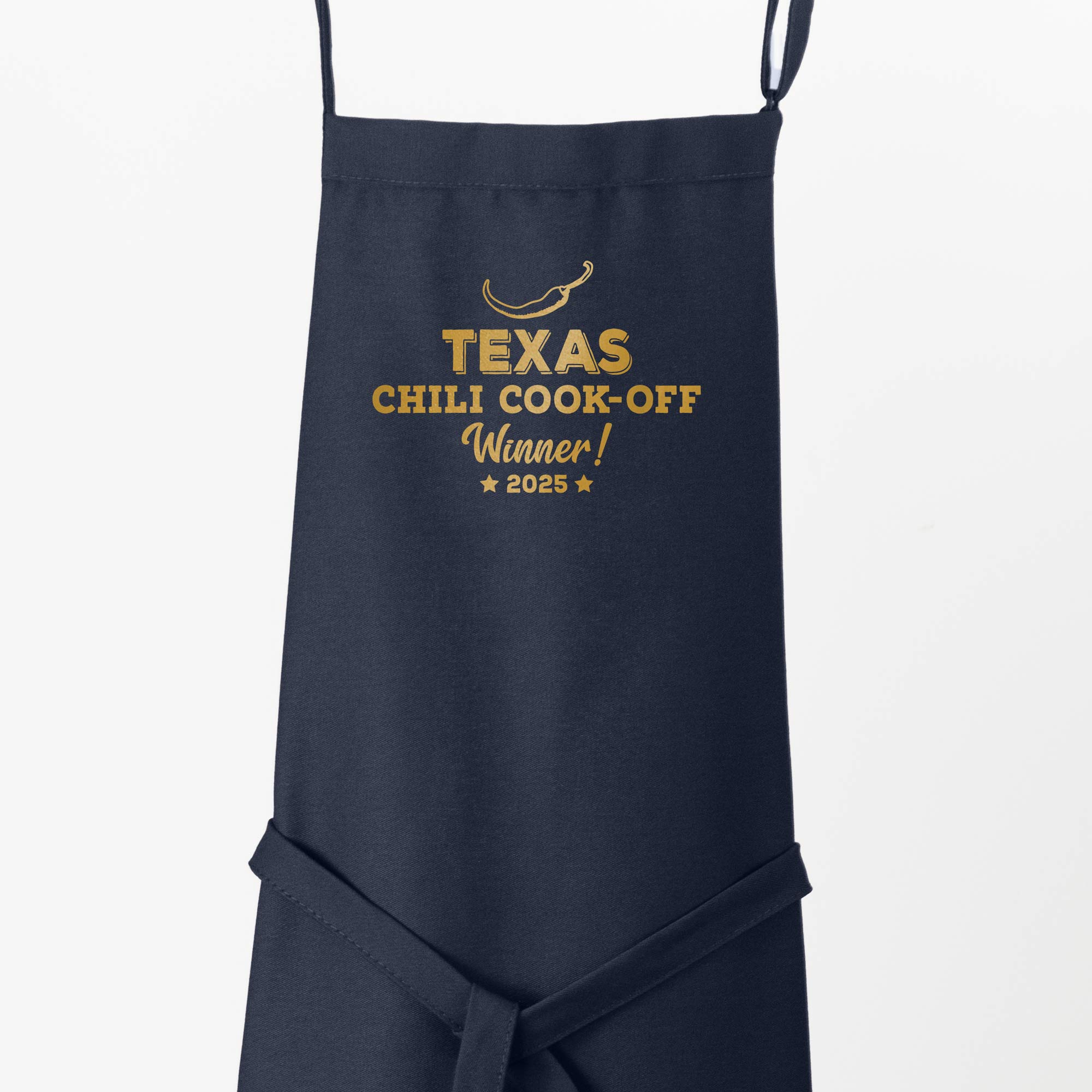 a Custom Premium Chili Cook-Off Winner Apron in navy