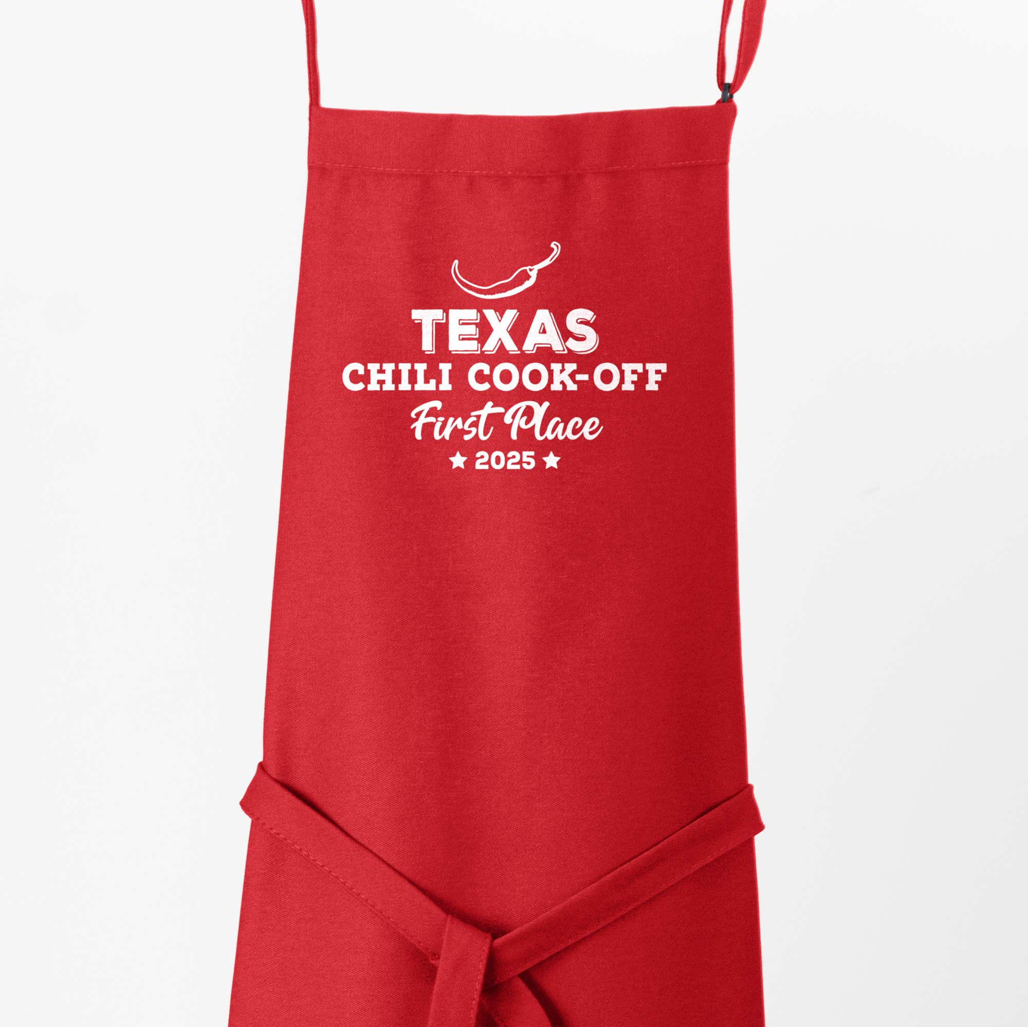 a Custom Premium Chili Cook-Off Winner Apron in red
