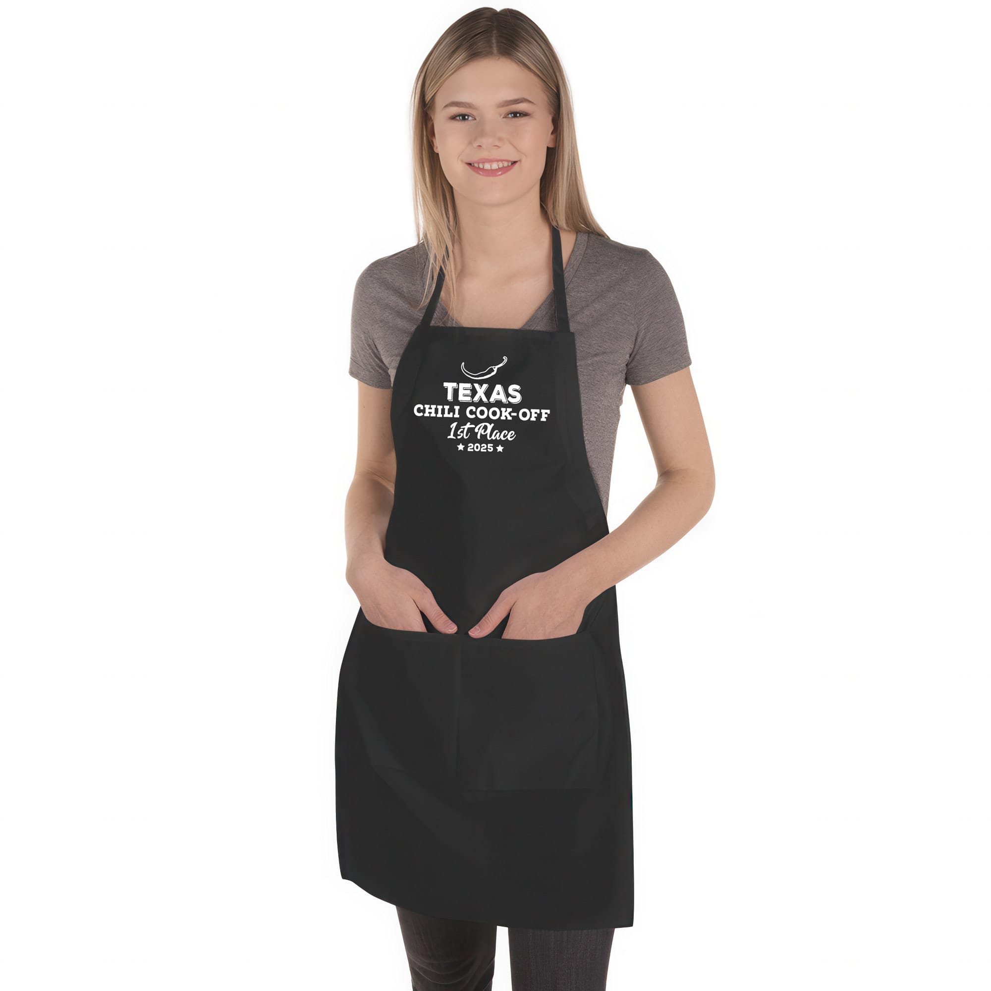 a woman wearing a Personalized Butcher Chili Cook-Off Winner Apron in black