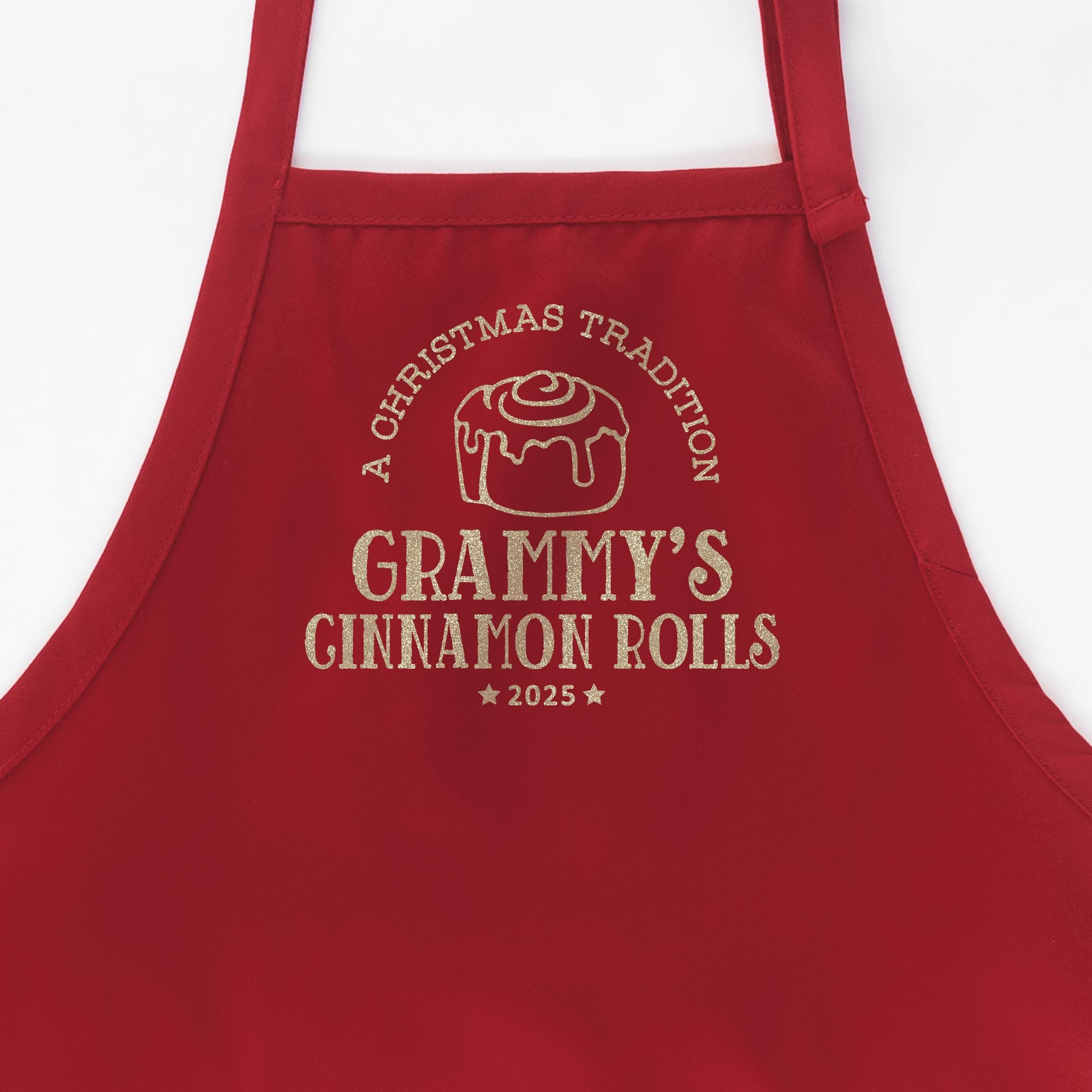 a personalized cinnamon roll apron in red