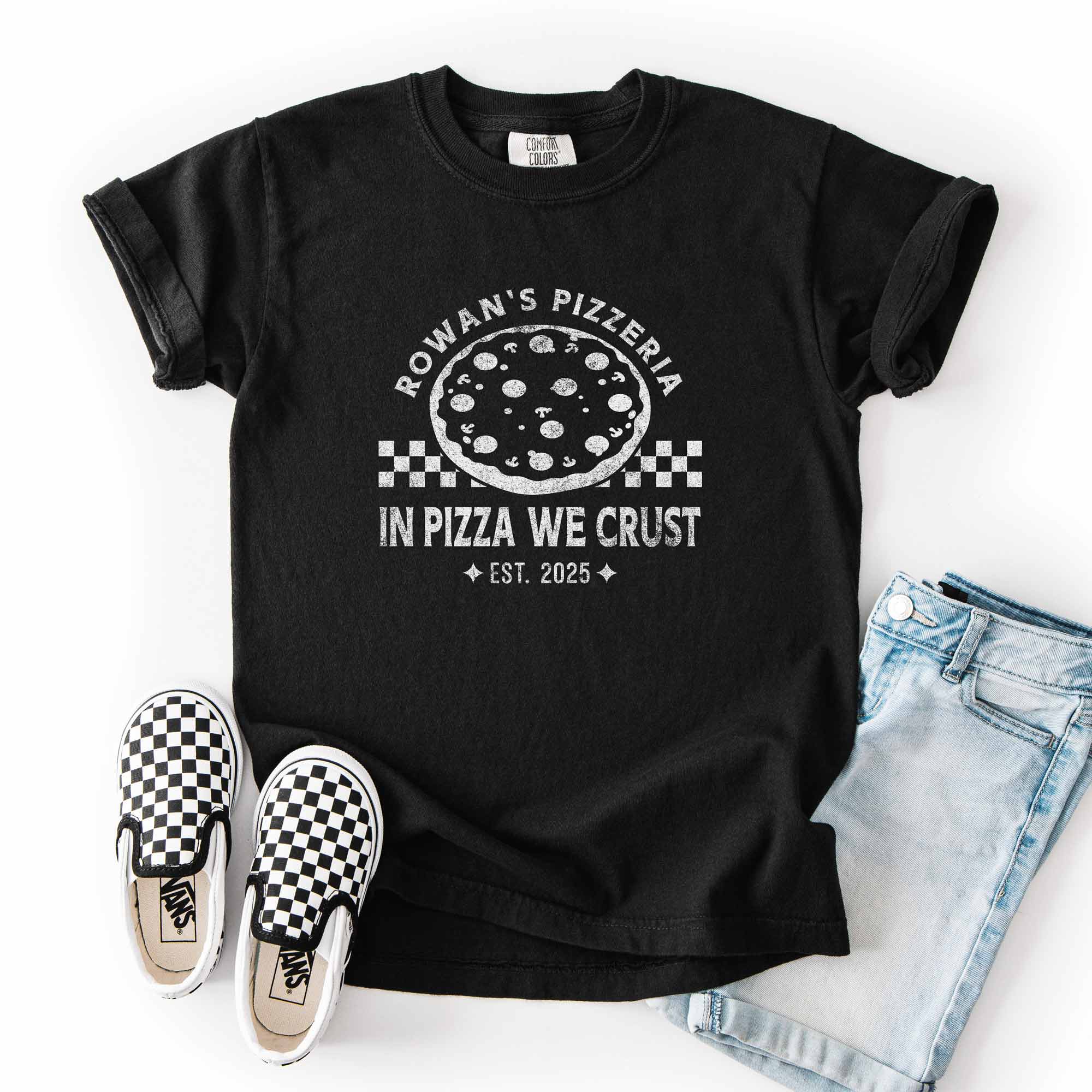 a Kids Checkered Pizza T-Shirt in black