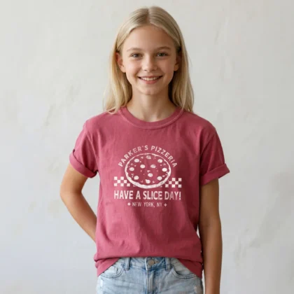 a young girl wearing a Kids Checkered Pizza T-Shirt in crimson