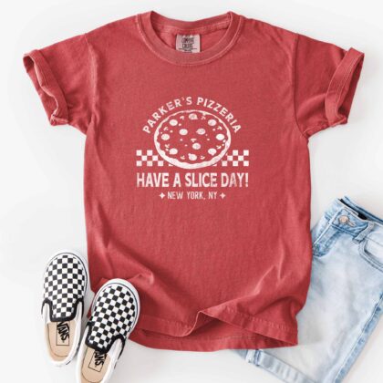 a Kids Checkered Pizza T-Shirt in crimson