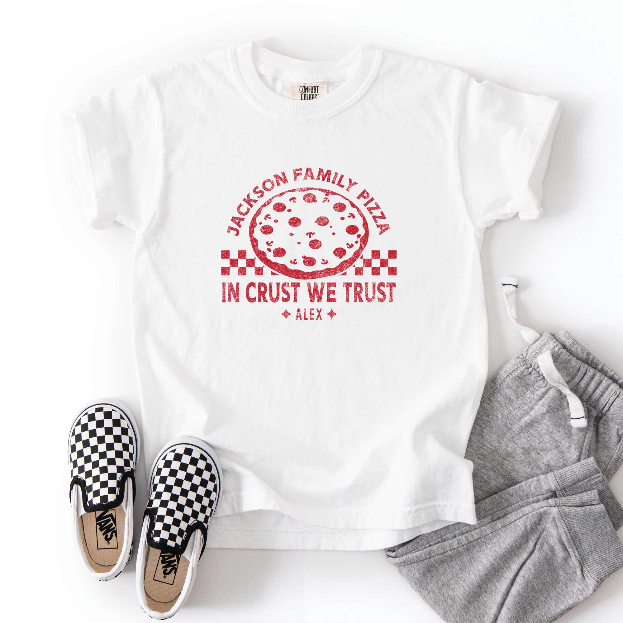 a Kids Checkered Pizza T-Shirt in white