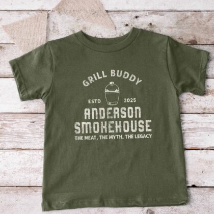 a Personalized Kids Meat Smoker T-Shirt in military green