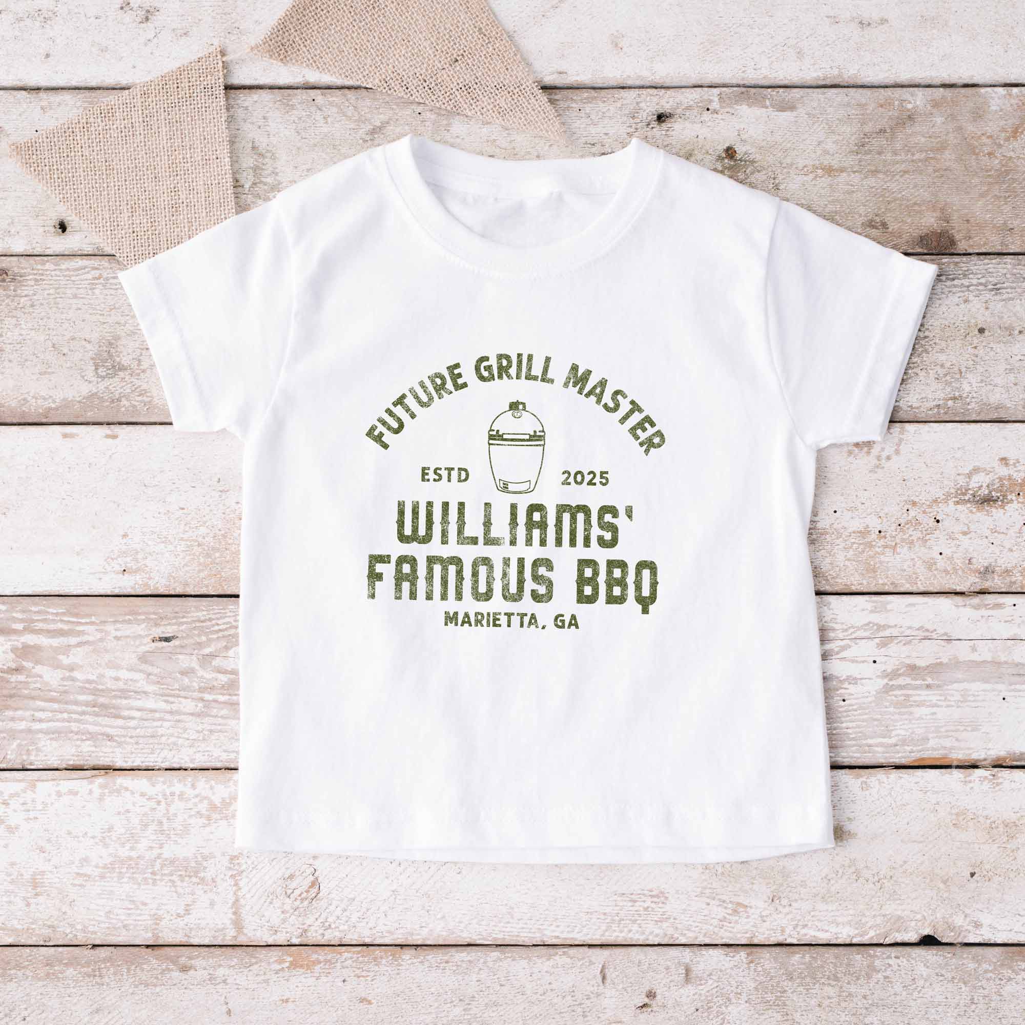 a Personalized Meat Smoker Baby Shirt for baby, in white