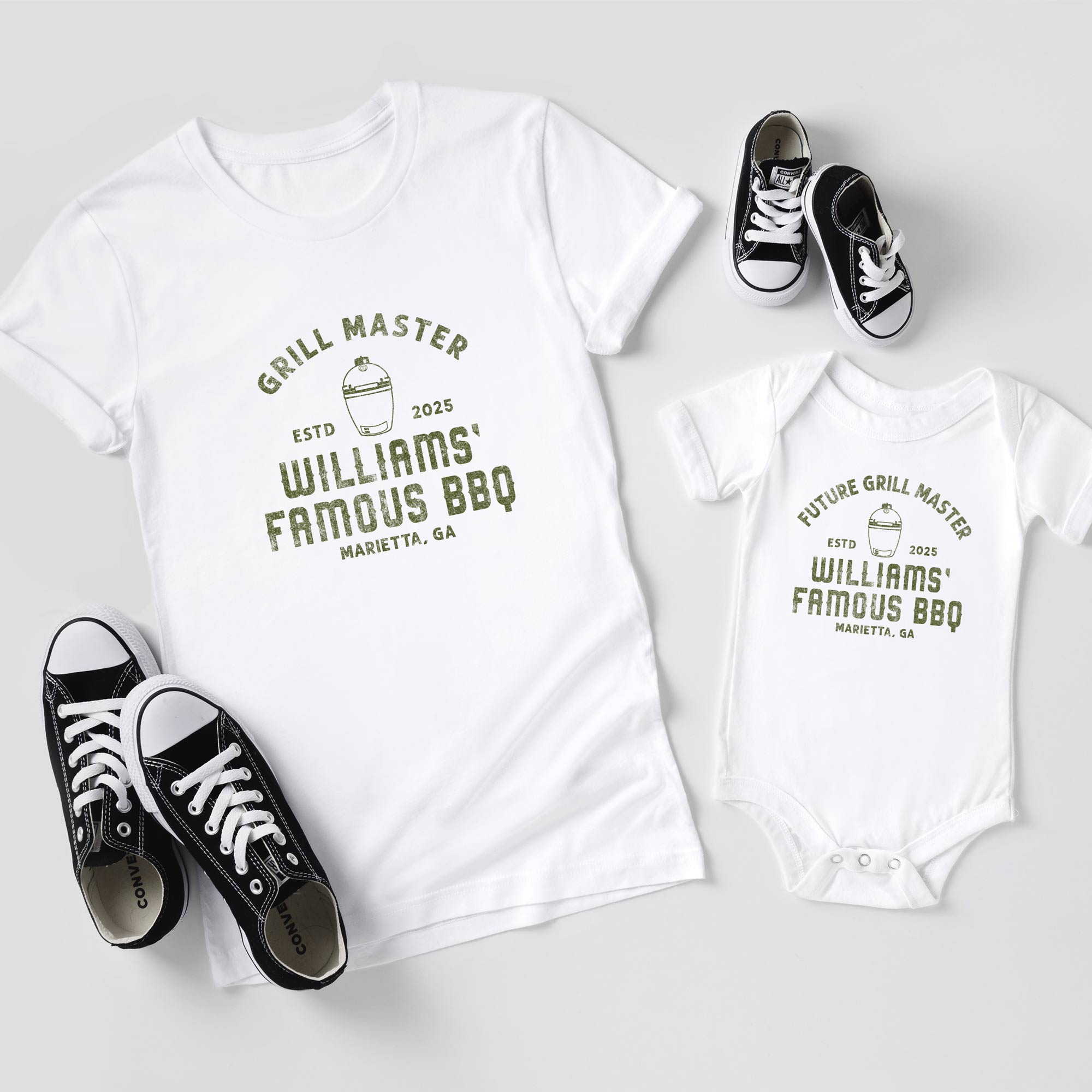 meat smoker personalized matching dad and baby, Grill master and Grill Buddy shirts in white