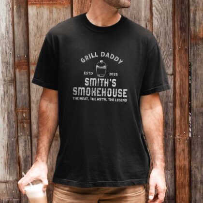 a man wearing a Personalized Meat Smoker Shirt in black