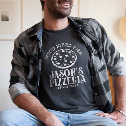 a man wearing a Personalized Pizza Shirt in dark grey heather