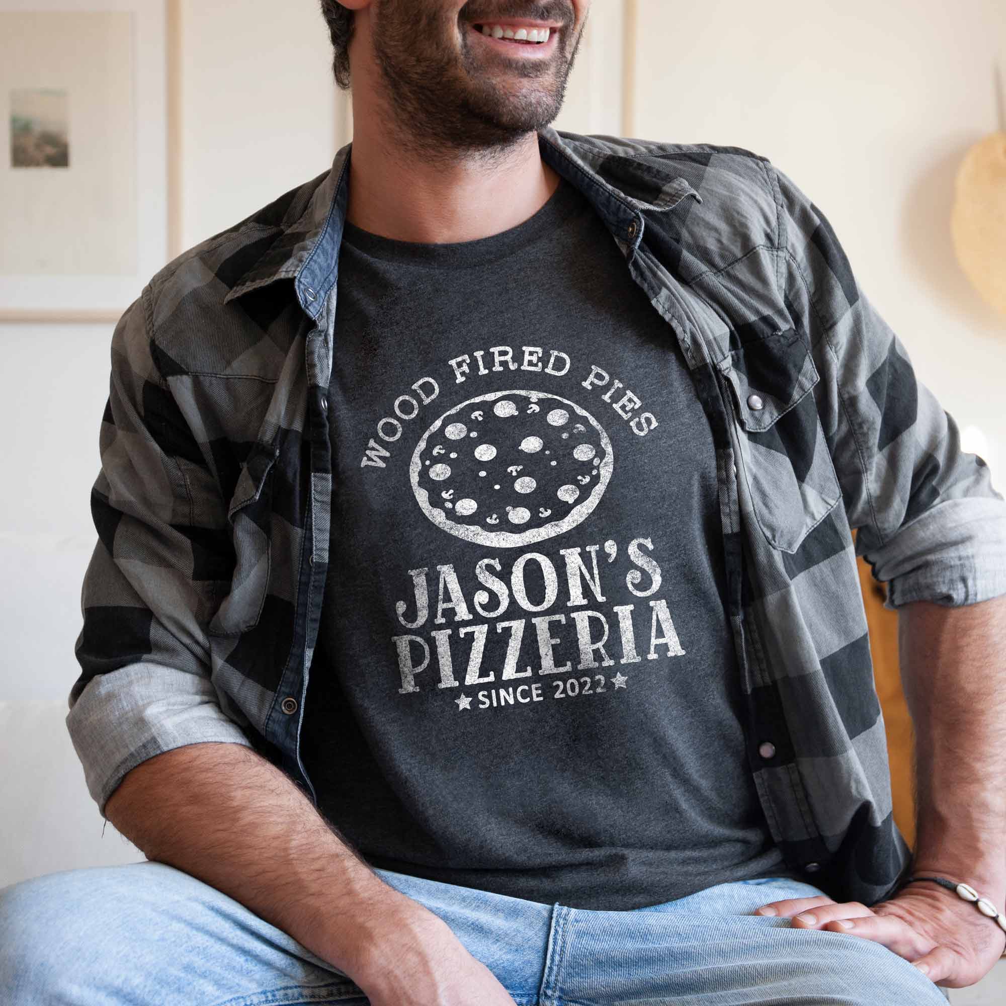 a man wearing a Personalized Pizza Shirt in dark grey heather