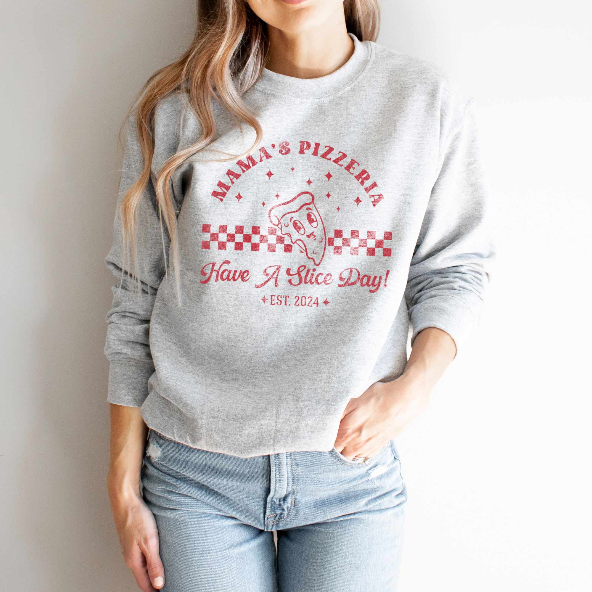 a man wearing a personalized Retro Pizza Sweatshirt in Athletic heather
