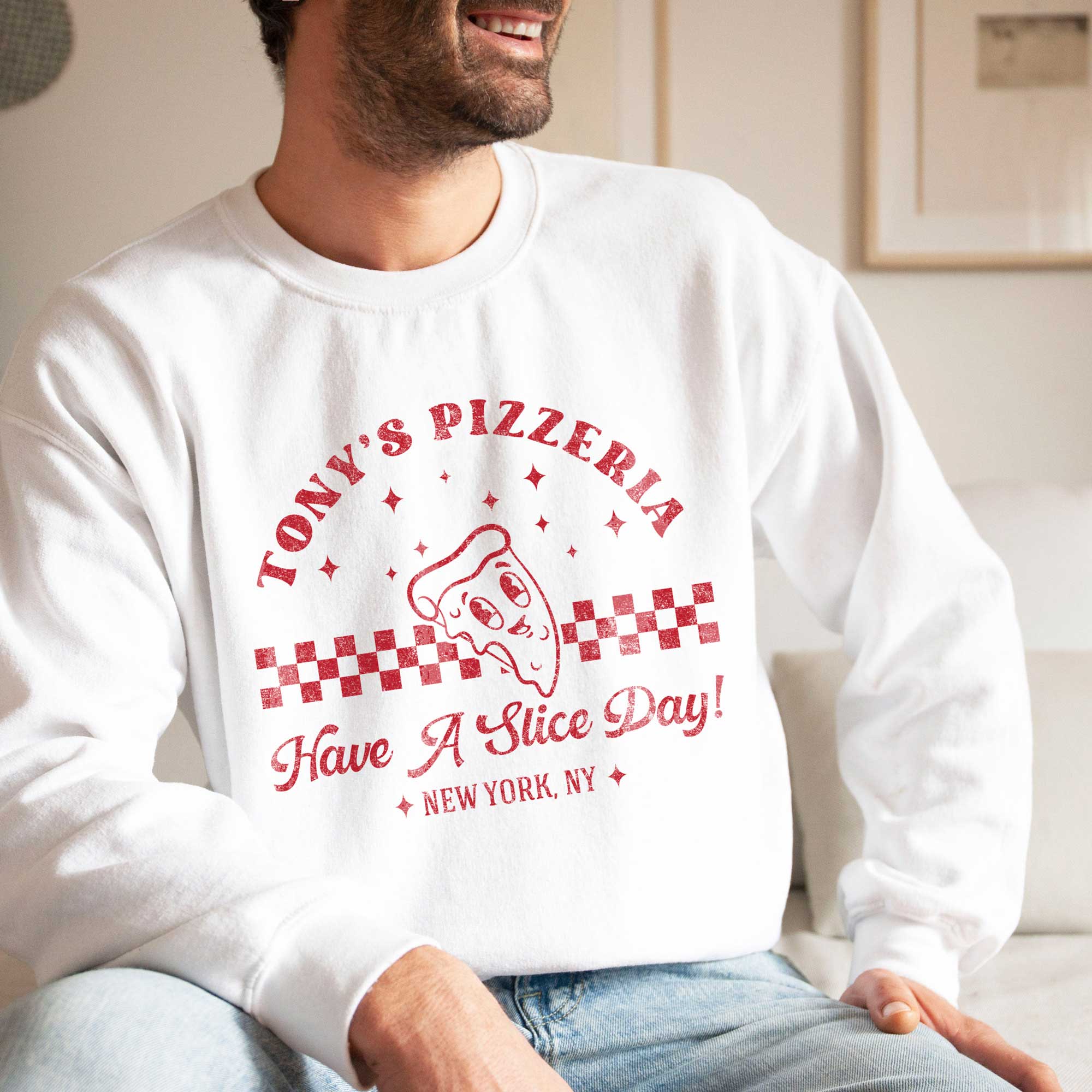 a man wearing a personalized Retro Pizza Sweatshirt in white