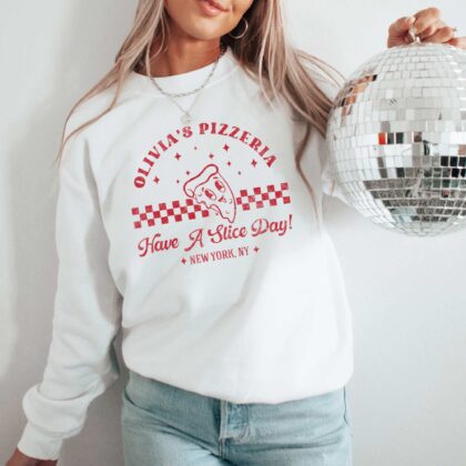 a woman wearing a personalized Retro Pizza Sweatshirt in white