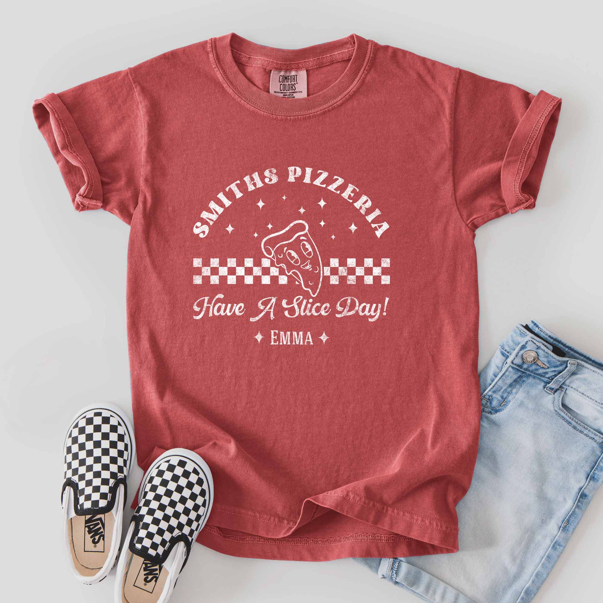 a a Personalized Kids Retro Pizza Shirt in crimson