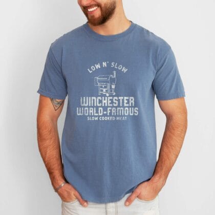 a man wearing a Personalized Smoker Grill T-Shirt in blue jean