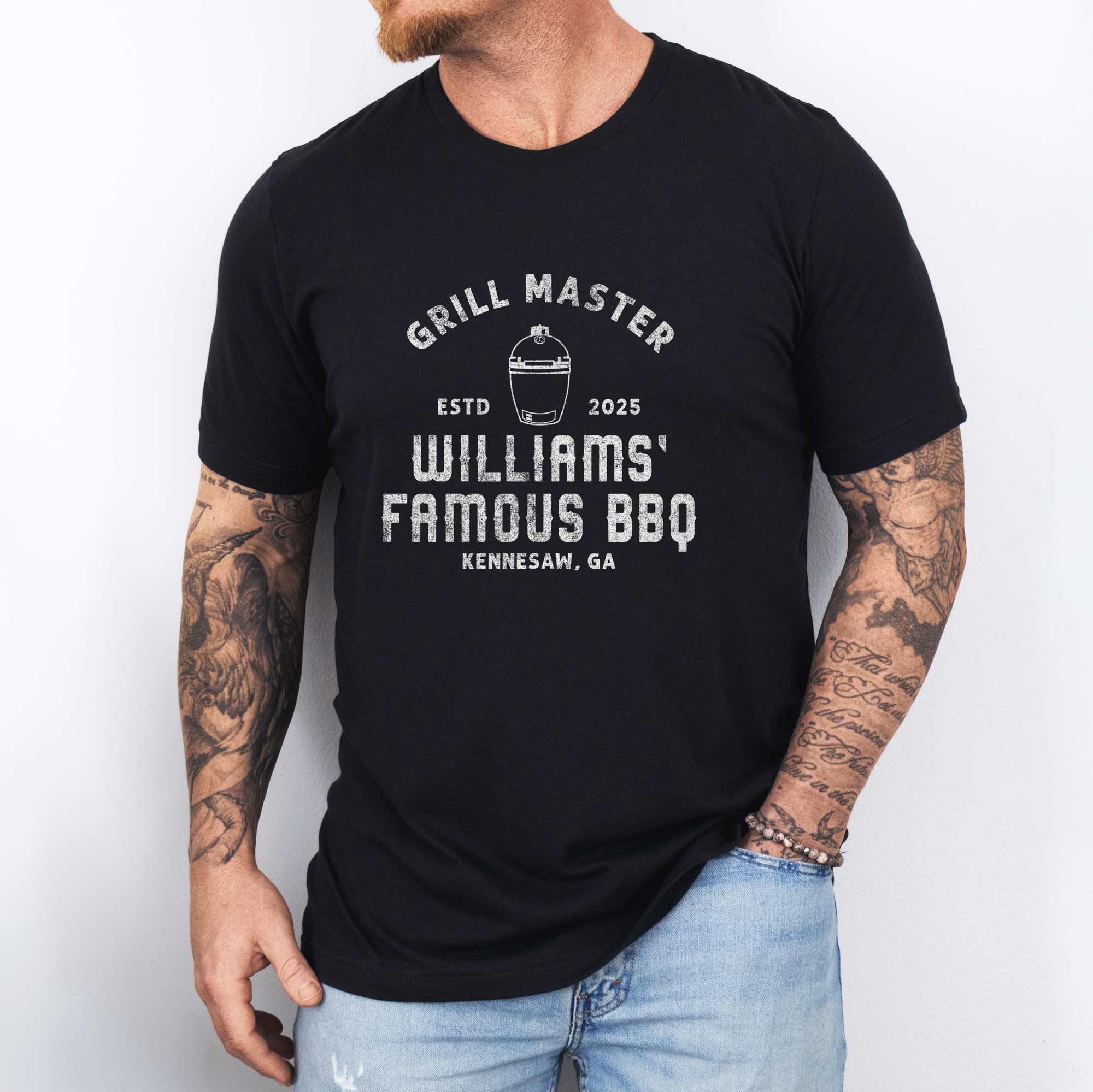 a man wearing a Personalized Meat Smoker T-Shirt in black