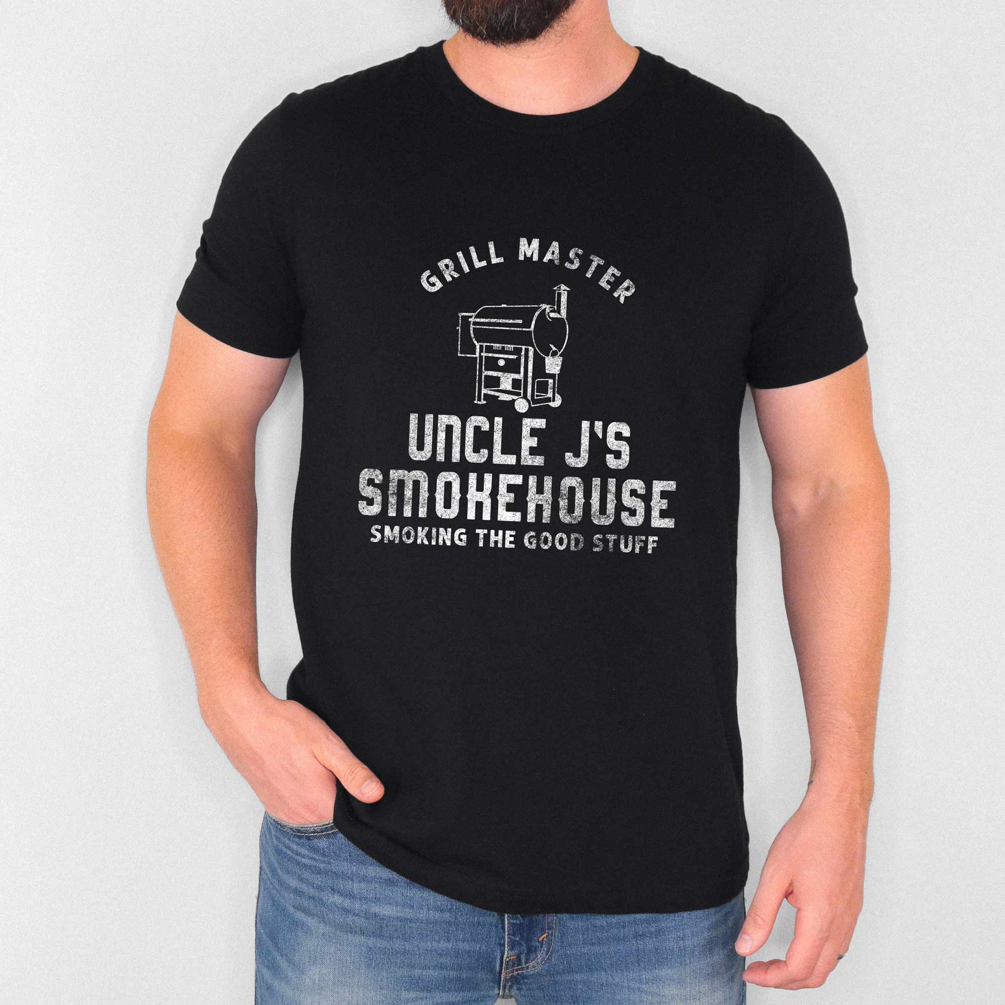 a man wearing a Personalized Smoker Grill Shirt in black