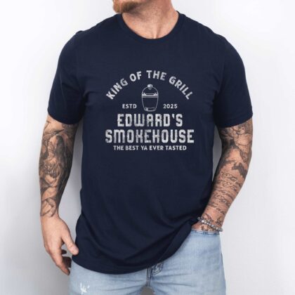 a man wearing a Personalized Meat Smoker T-Shirt in navy