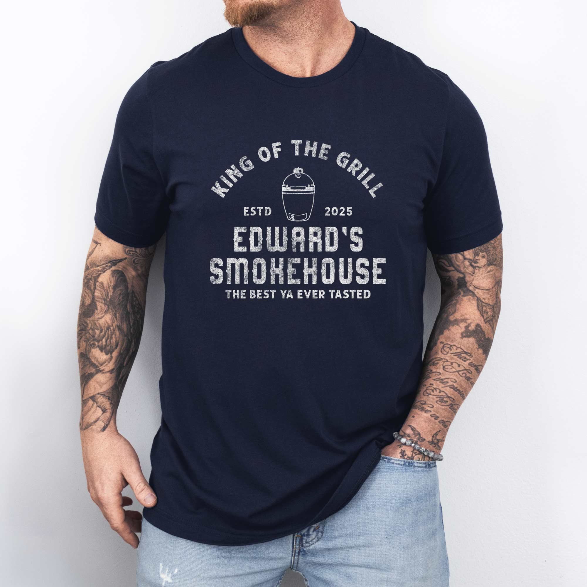 a man wearing a Personalized Meat Smoker T-Shirt in navy